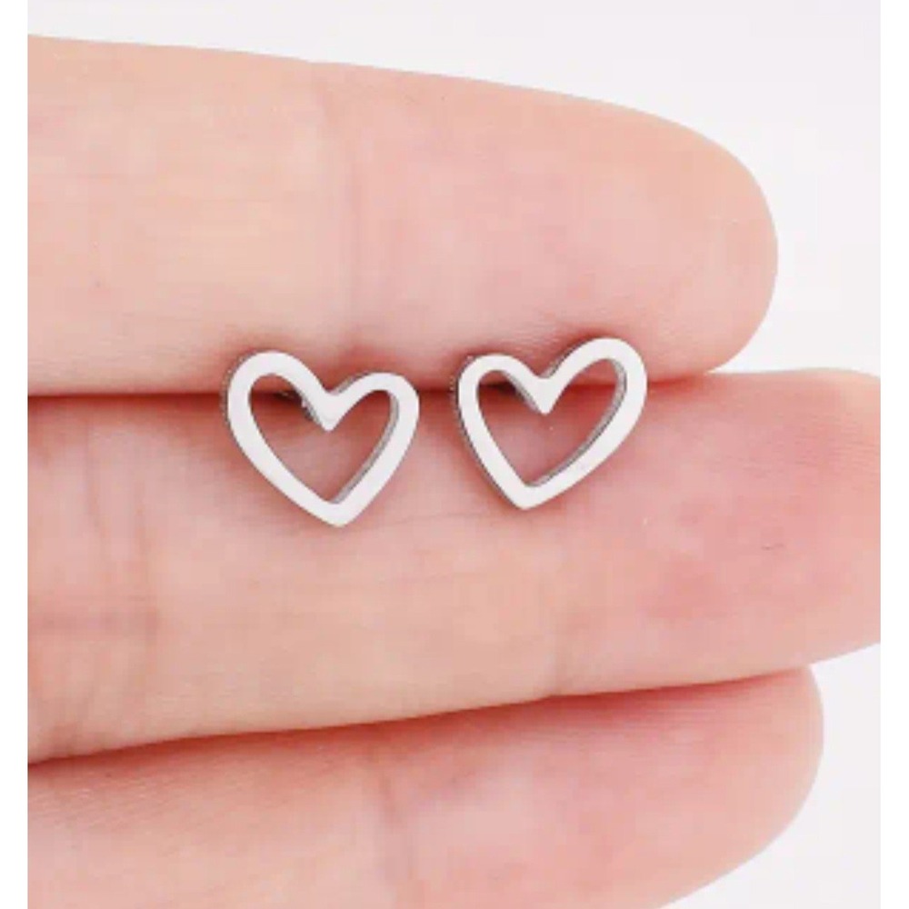 Silver Open Heart Stud Earrings Minimalist Dainty Love Jewelry Pair